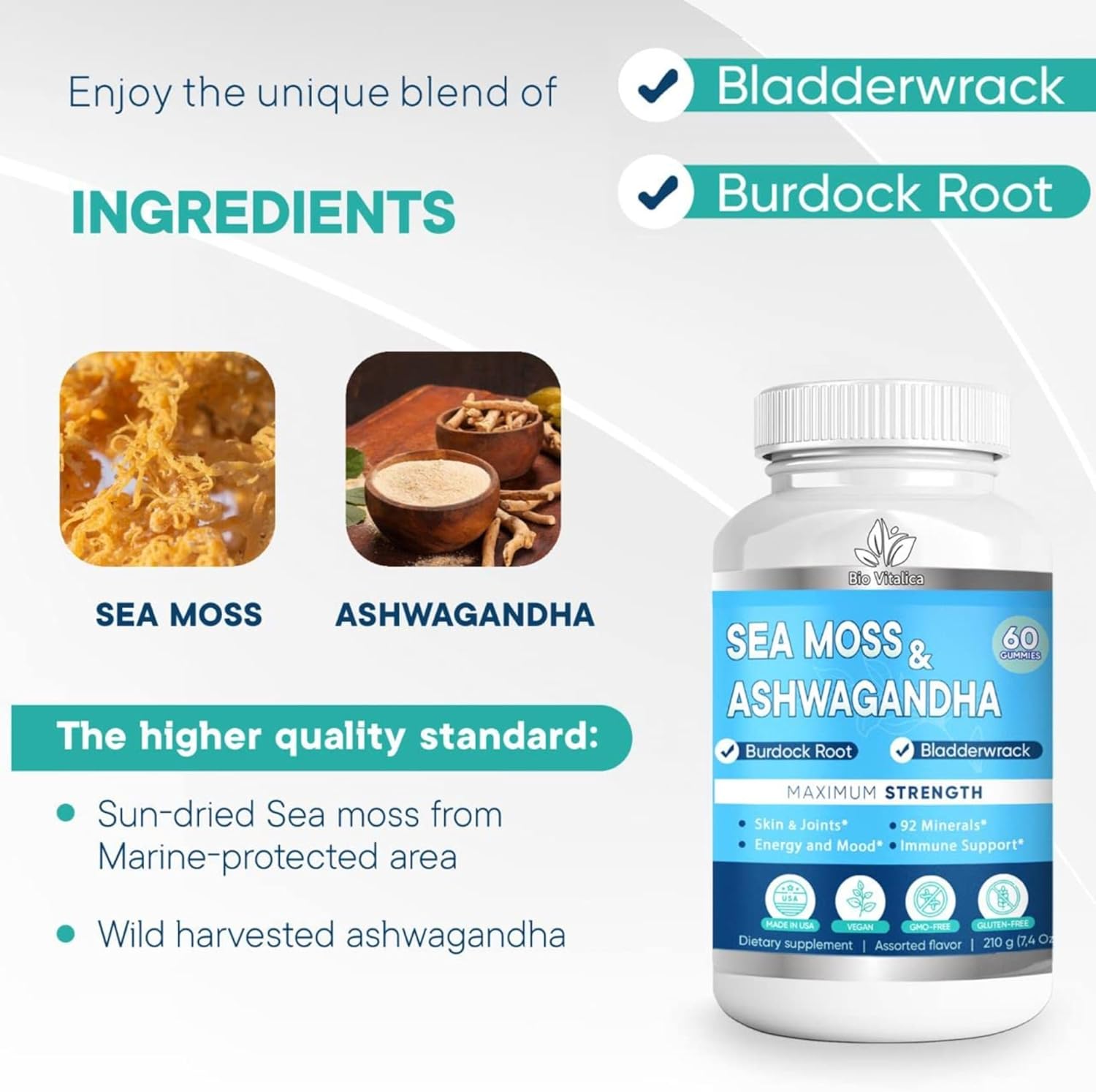BIO VITALICA Sea Moss Ashwagandha Gummies - Organic Irish Seamoss & Ashwa Root Powder Supplements for Supporting Energy & Immunity for Men and Women - 6 Packs