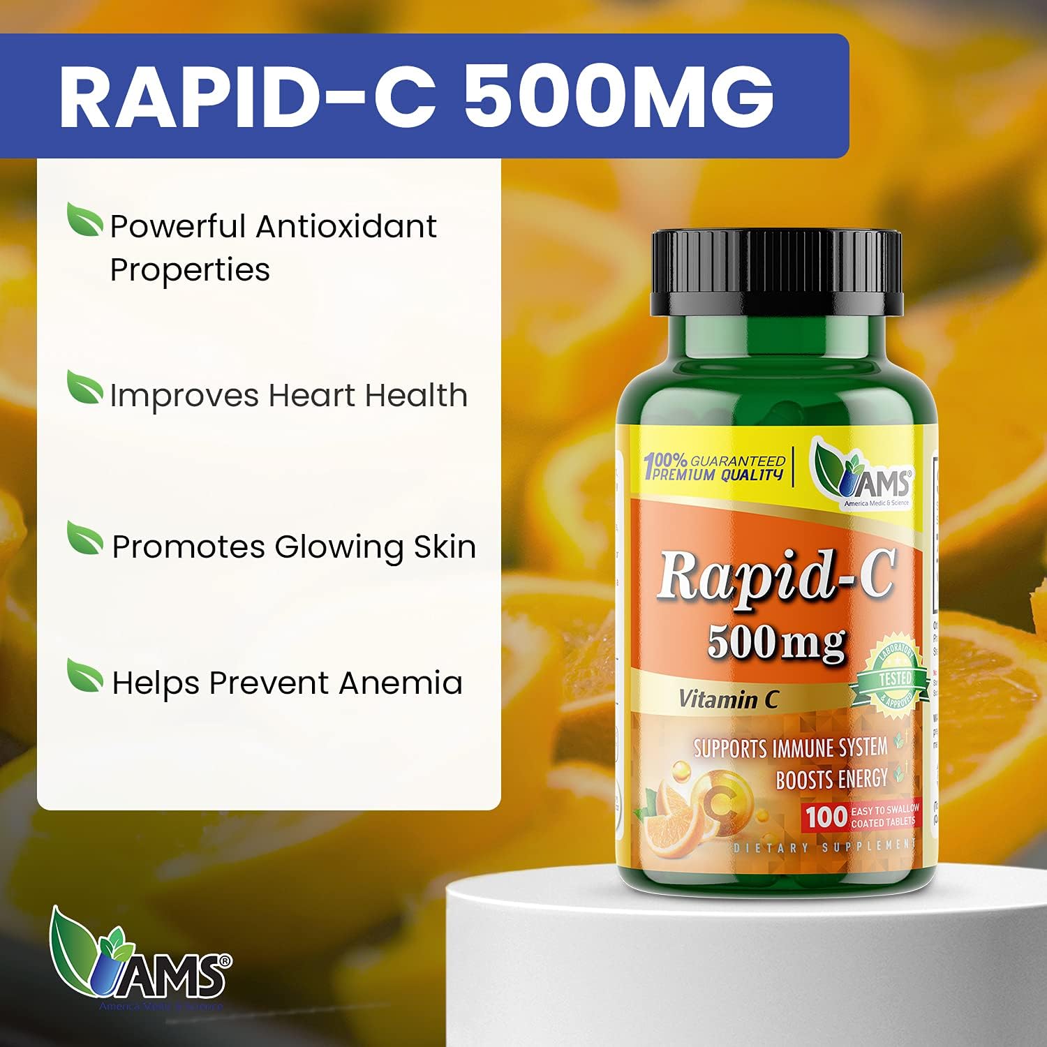 America Medic & Science Rapid-C 500mg Vitamin C Supplement (1 Pack of 100 Tablets) Energy Booster, Daily Immune System Support, Antioxidant | Vegan, Non-GMO Coated Ascorbic Acid for Adult Men & Women