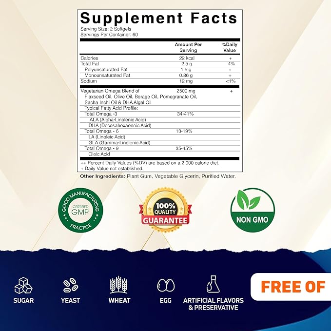 Vitamatic Vegan Omega 3-6-9 Complex 1250mg | Flaxseed, Olive, Borage & Algae Oils | Plant-Based Omegas | 120 Softgels