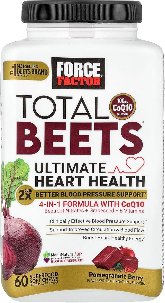 Force Factor Total Beets Ultimate Heart Health Chews for Blood Pressure Support, with Beetroot Powder, CoQ10, B Vitamins & Grapeseed Extract for Blood Flow & Energy, Pomegranate Berry, 60 Soft Chews