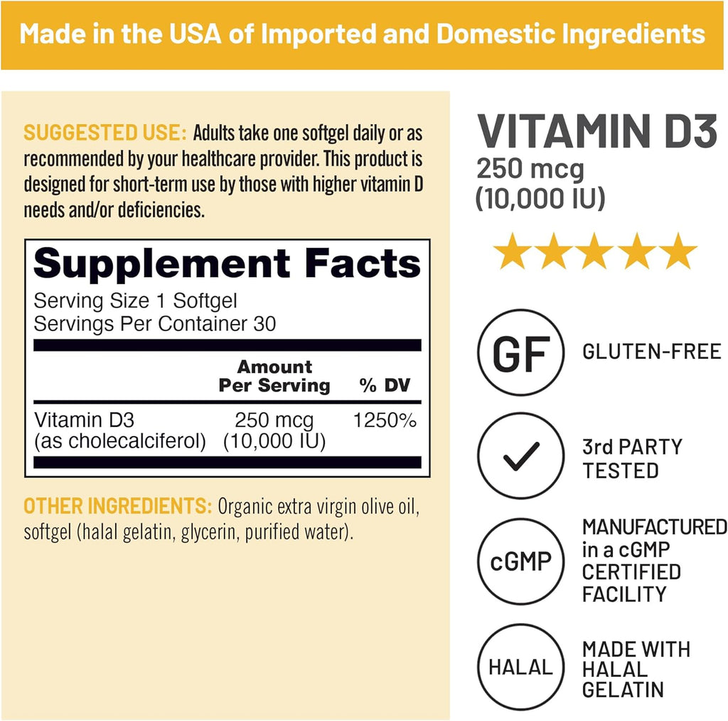 NatureWise Vitamin D3 10,000IU (250 mcg) 30-Day Supply - High Potency for Healthy Immune Support & Muscle Function, Non-GMO, Gluten-Free in Organic Extra Virgin Olive Oil, (Mini Softgel), 30 Count