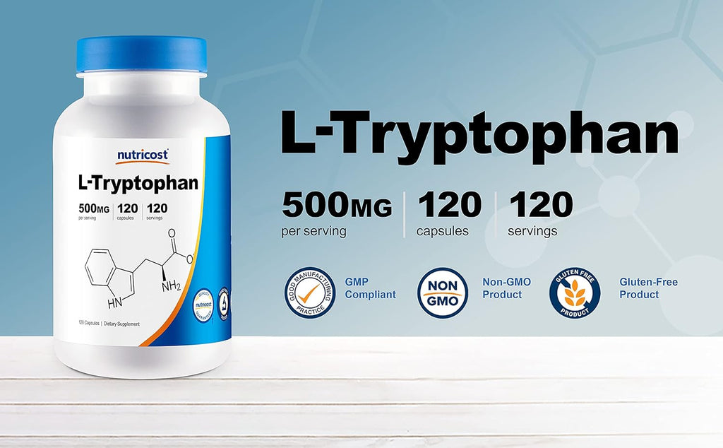 Nutricost L-Tryptophan 500mg, 120 Capsules (3 Bottles)