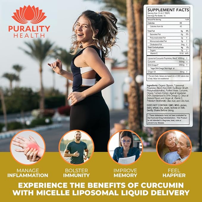 PURALITY HEALTH Curcumin Gold, from Turmeric with Ginger Oil & DHA Omega-3s, Micelle Liposomal Enhanced Absorption, Joint Health, 15 Day Supply