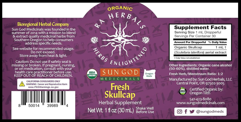 Ra Herbals Certified Organic Fresh Skullcap Tincture | Natural Herbal Extract | Soothing Blend 1 oz