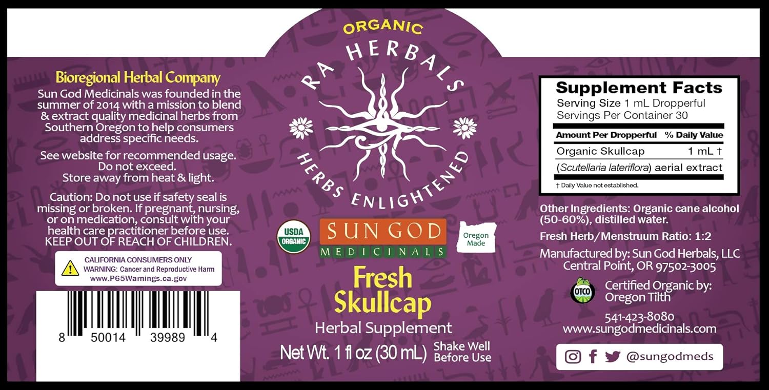 Ra Herbals Certified Organic Fresh Skullcap Tincture | Natural Herbal Extract | Soothing Blend 1 oz