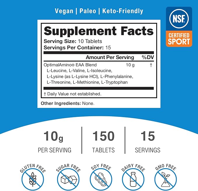 OptimalAmino Tablets (150 Count) | 99% Utilized Essential Amino Acid (EAA) Supplement, Increase Muscle Recovery, BCAA Protein Pre/Post Workout | NSF Certified for Sport® Certified