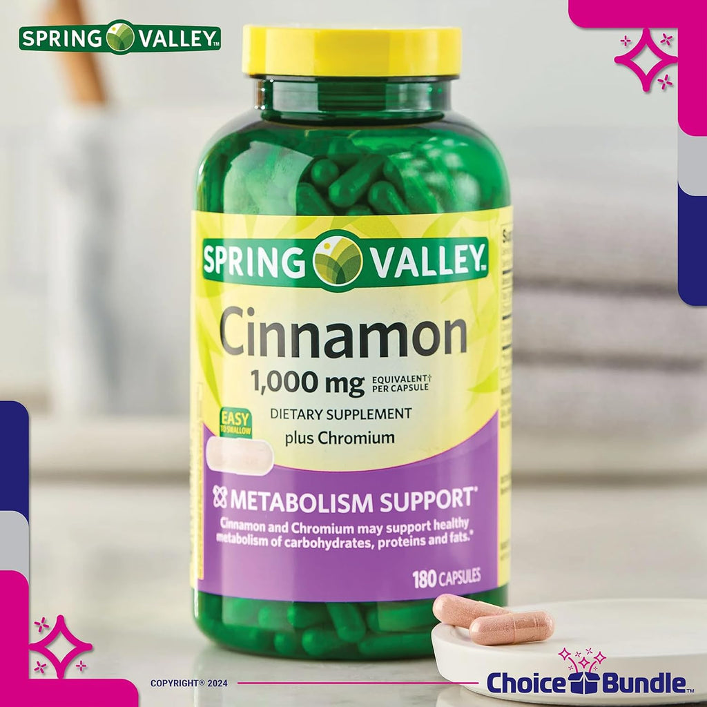 Choice Bundle Spring Valley Cinnamon Plus Chromium Capsules 1000 mg 180 Ct 4 Pk (720 Total) + Vitamin Vitality & Pill Container (6 Items)!