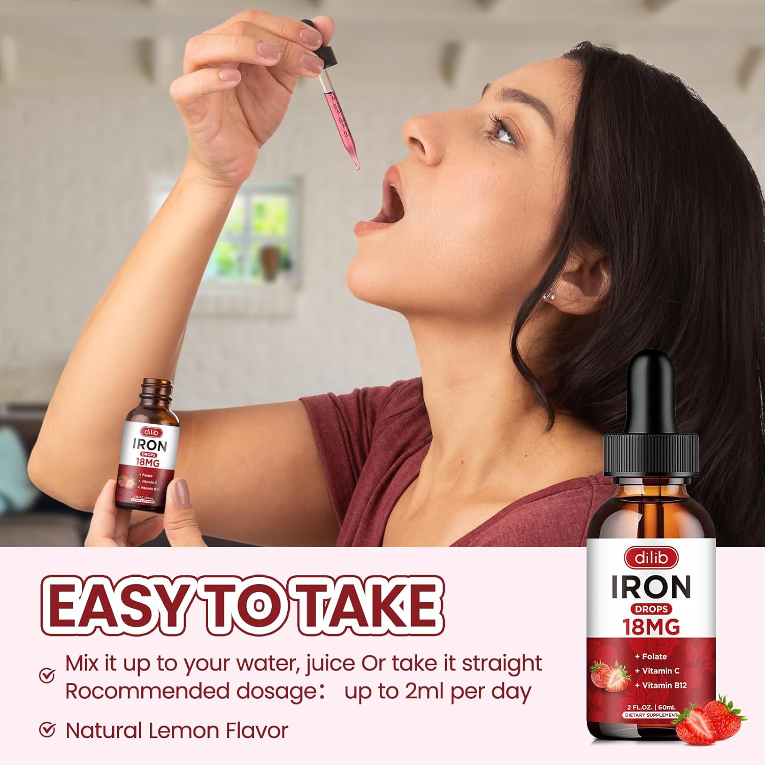Liquid Iron Supplement for Women & Men Iron Drops Iron Supplements for Anemia with Folate, Vitamin C, B12 for Red Blood Cell Support-Strawberry, 2 Fl Oz