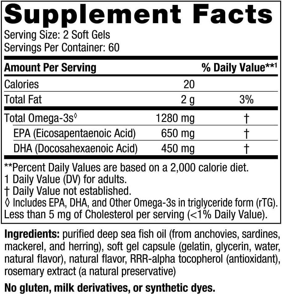 Nordic Naturals Ultimate Omega, Lemon Flavor - 120 Soft Gels - 1280 mg Omega-3 - High-Potency Fish Oil Supplement with EPA & DHA - Promotes Brain & Heart Health - Non-GMO - 60 Servings