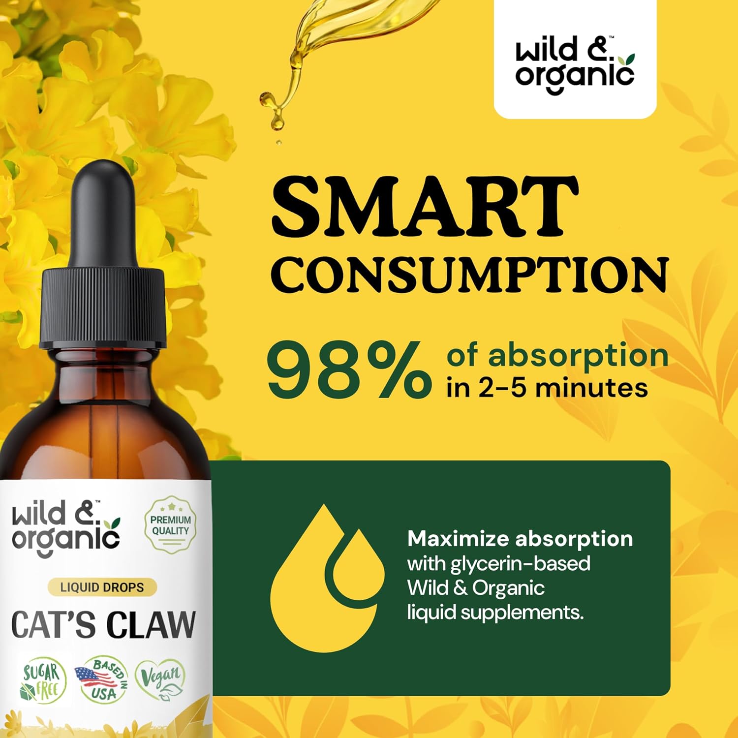Wild & Organic Cats Claw Tincture - Immune Support Supplement - Liquid Cats Claw Supplement - Vegan, Sugar & Alcohol-Free Bark Extract Drops - 2 fl oz
