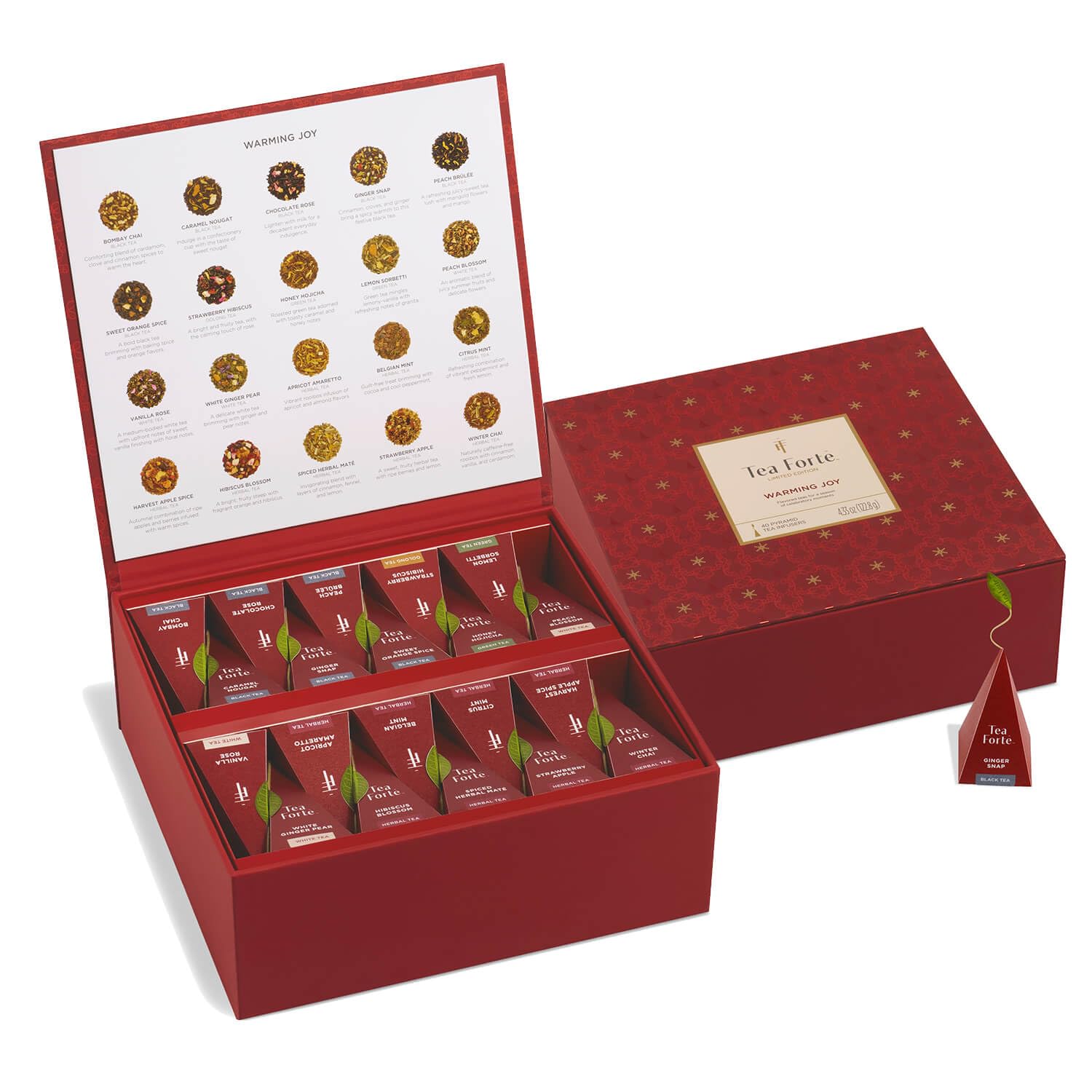 Tea Forte Warming Joy Holiday Assorted Premium Tea Chest Gift Sampler, 40 Count, 2 of each Variety Blend Individually Wrapped Handcrafted Pyramid Infuser Bags