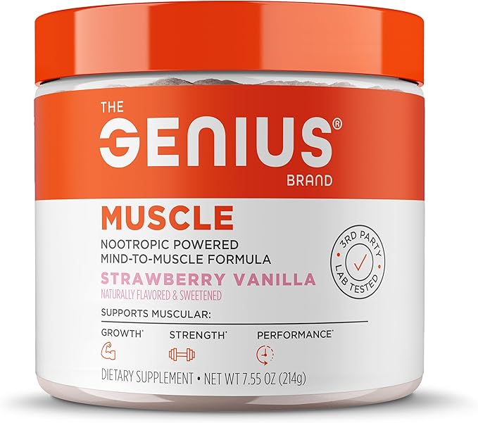 The Genius Brand Genius Muscle - Muscle Health Supplement for Growth, Endurance & Recovery - Non-Hormonal Formula - 6 Organic Mushrooms - Naturally-Sweetened - 30 Servings - Strawberry Vanilla