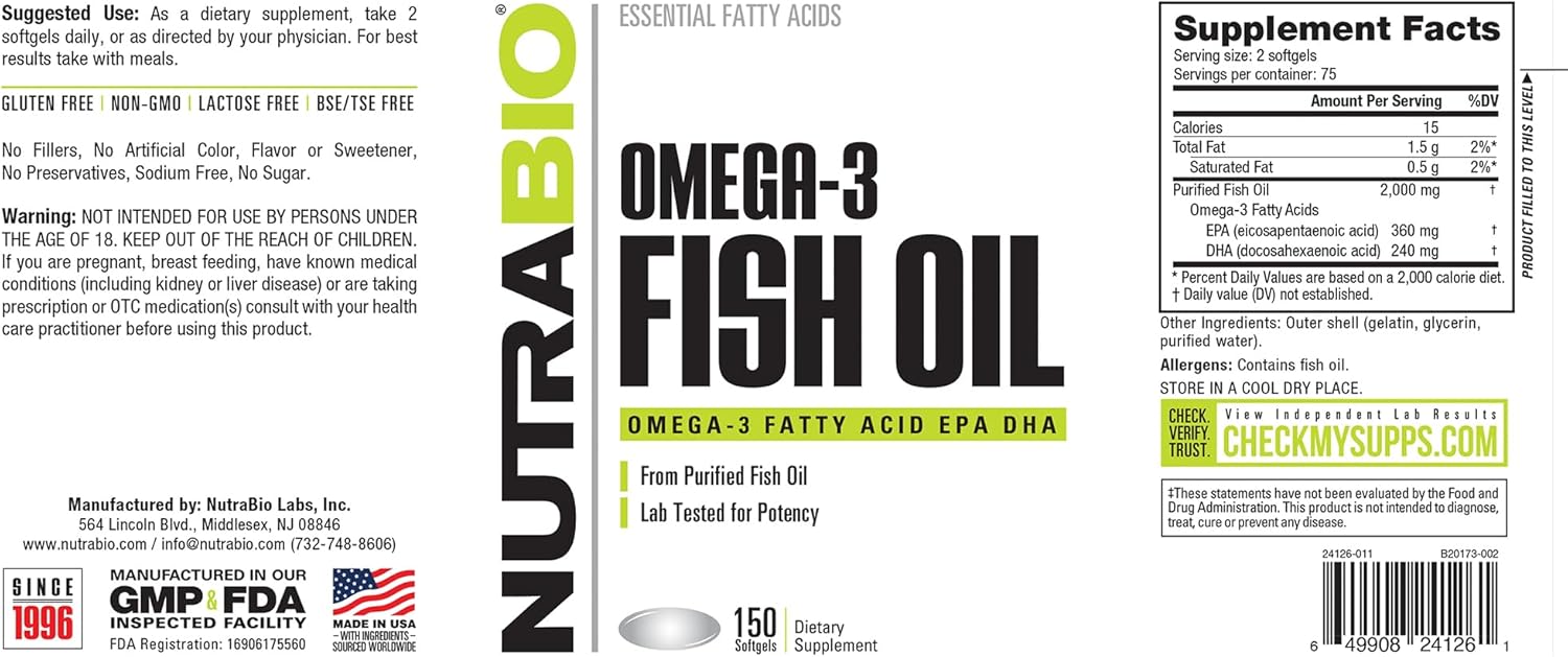NutraBio Omega 3 Fish Oil Supplements, 2,000mg, 150 Softgels - EPA DHA Omega 3 Fatty Acid Supplement to Help Support a Healthy Heart