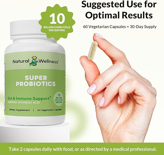 Natural Wellness Super Probiotic + Prebiotic Blend – 10 Billion CFUs with 8 Strains – Probiotics for Women & Men for Digestive Health, Gut Balance & Immune Support – Non-GMO, 30-Day Supply