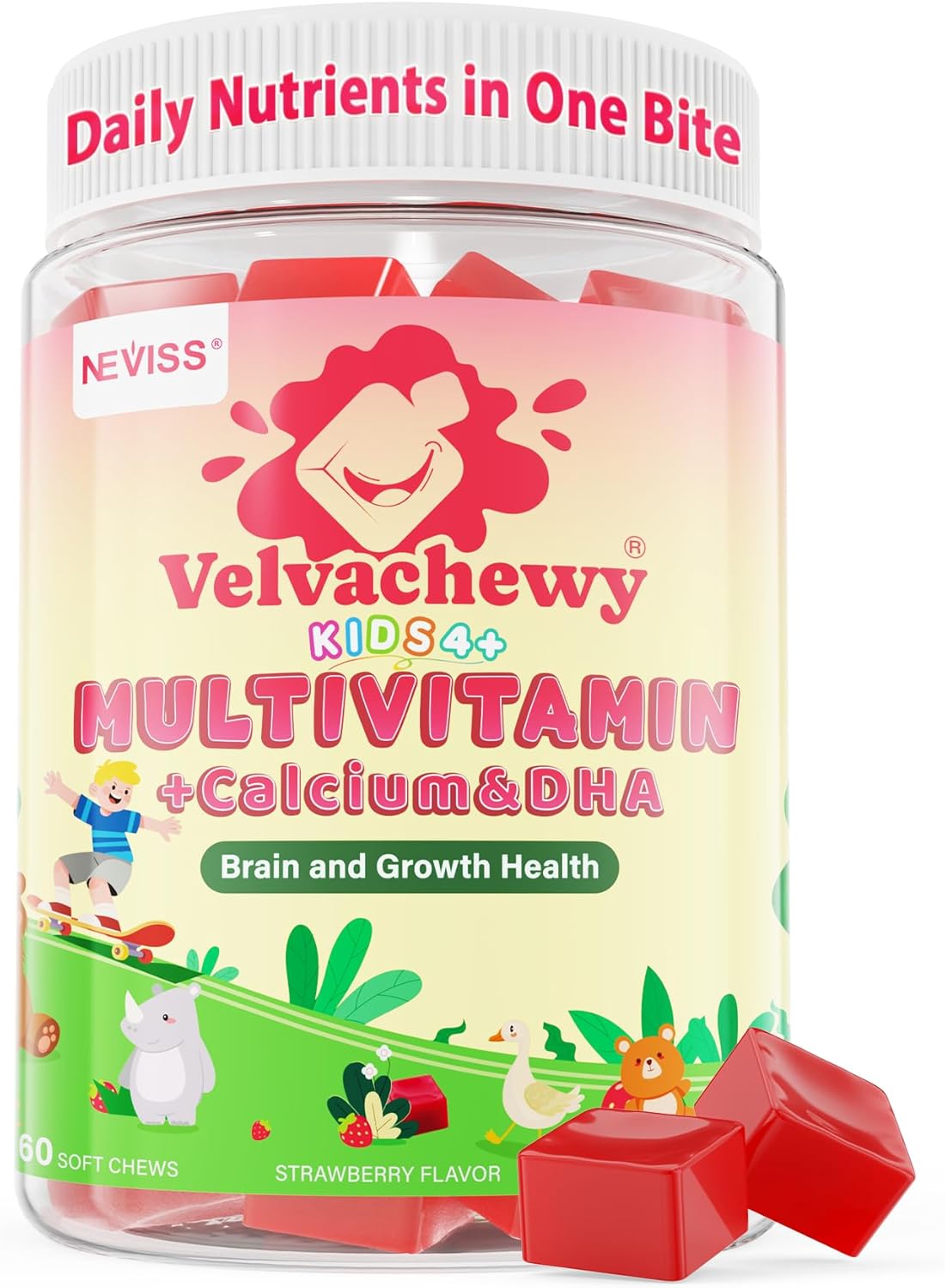 NEVISS Multivitamin for Kids Teen Soft Chews, Vitamin Gummies w/Omega 3 DHA, Calcium, Choline, Methyl B12 D3 K2 Folate & B Complex for Children's Brain, Bone, Immune and Healthy Growth, 60 Day Supply