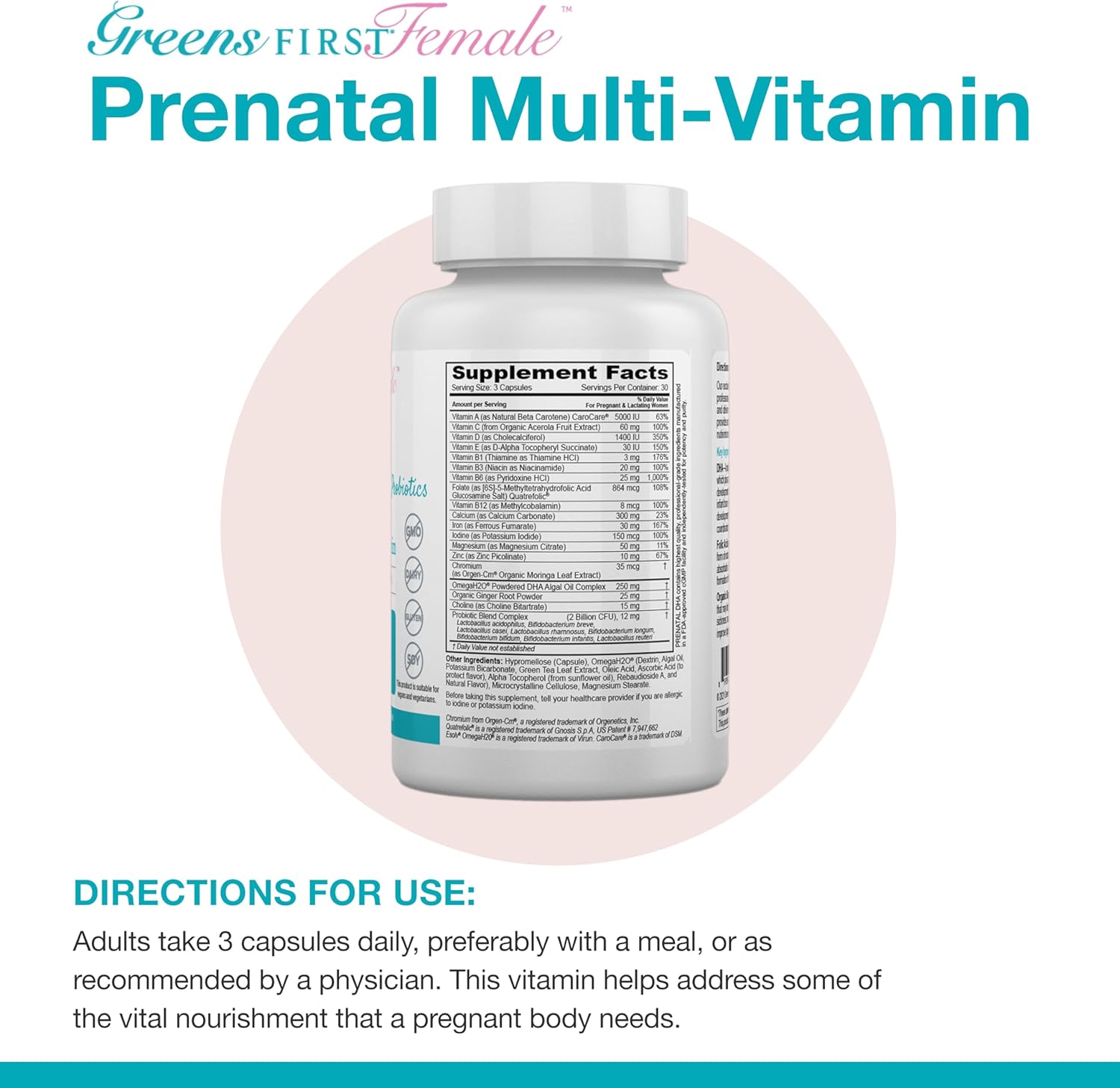 Greens First Female Prenatal Vitamin with Vegan DHA - Pregnancy Multivitamin Supplement - Supports Healthy Fetal Development - Natural Ingredients - with Ginger - 90 Capsules
