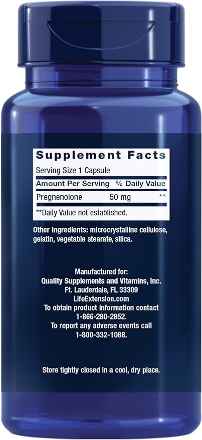 Life Extension Pregnenolone, neurohormone, Promotes Memory Health and Brain Plasticity, Gluten-Free, Non-GMO, 100 Capsules
