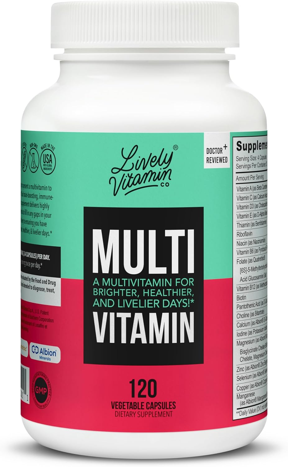 LIVELY VITAMIN CO. Multivitamin - 37 Vitamins Minerals and Extracts - Energy - Memory - Immune Function - Heart- Brain - Focus - Mood - Antioxidants - Dairy Gluten Soy Free - 120 Vegetarian Capsules
