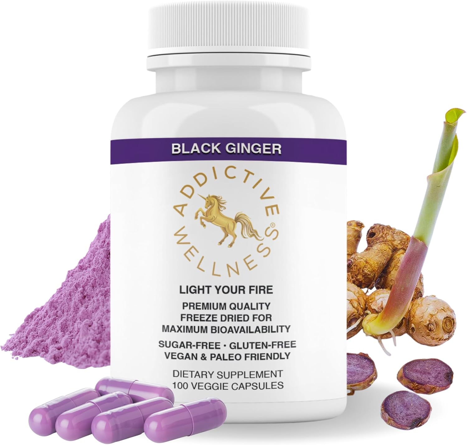 Addictive Wellness Black Ginger Capsules 450mg, Kaempferia Parviflora Supplement to Support Energy, Metabolism, Endurance & Performance, Thai Black Ginger for Men, Vegan & Paleo, 100 Count