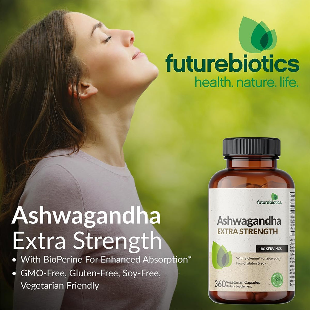 Futurebiotics Ashwagandha Extra Strength Stress & Mood Support with BioPerine - Non GMO Formula, 360 Vegetarian Capsules