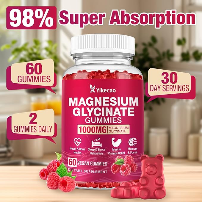 Magnesium Glycinate Gummies 1000mg, Magnesium Gummies for Adults & Kids with L-Threonate, Magnesium Supplement for Relaxation, Calm, Sugar Free, Raspberry Flavor, 60 Count