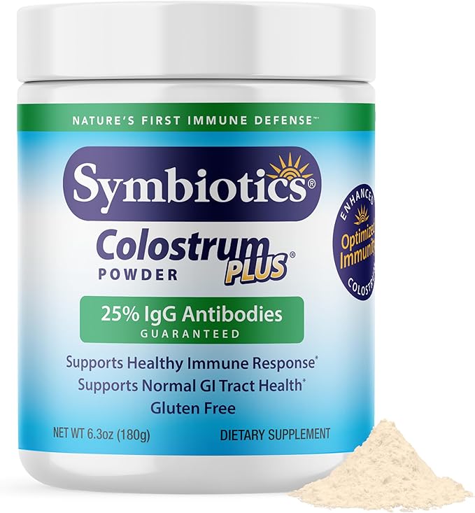 Symbiotics Colostrum Plus Powder, 6.3 oz (180 g) - 25% IgG Immunoglobulins, Naturally Occurring Lactoferrin, Supports Immune Function & Digestive Balance, Gluten Free