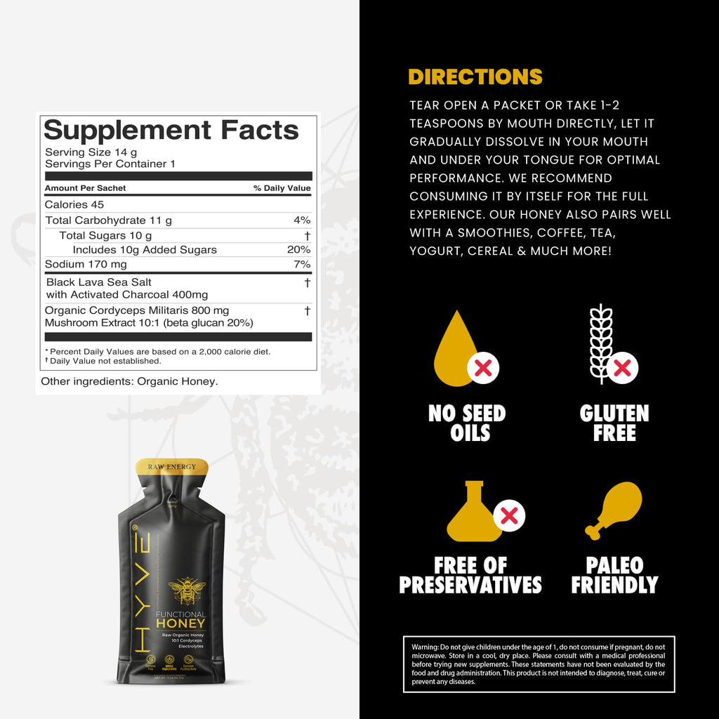 HYVE Functional Pre-workout Honey – Caffeine Free Raw Energy Packets with Organic Cordyceps Mushrooms, Volcanic Sea Salt & Organic Honey – Energy Boost with Natural Adaptogens, Pack of 15 Sachets, Sweet & Salty