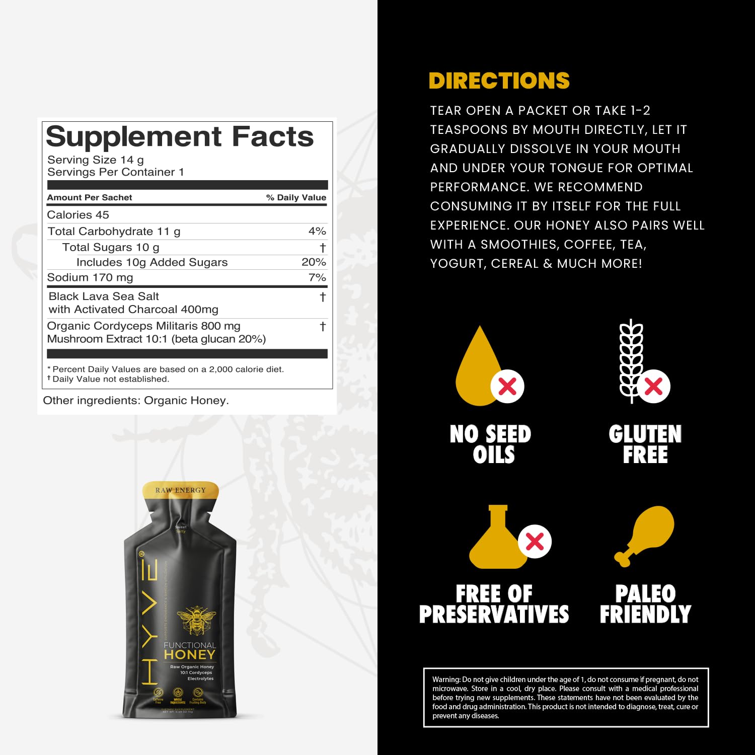 HYVE Functional Pre-workout Honey – Caffeine Free Raw Energy Packets with Organic Cordyceps Mushrooms, Volcanic Sea Salt & Organic Honey – Energy Boost with Natural Adaptogens, Pack of 15 Sachets, Sweet & Salty