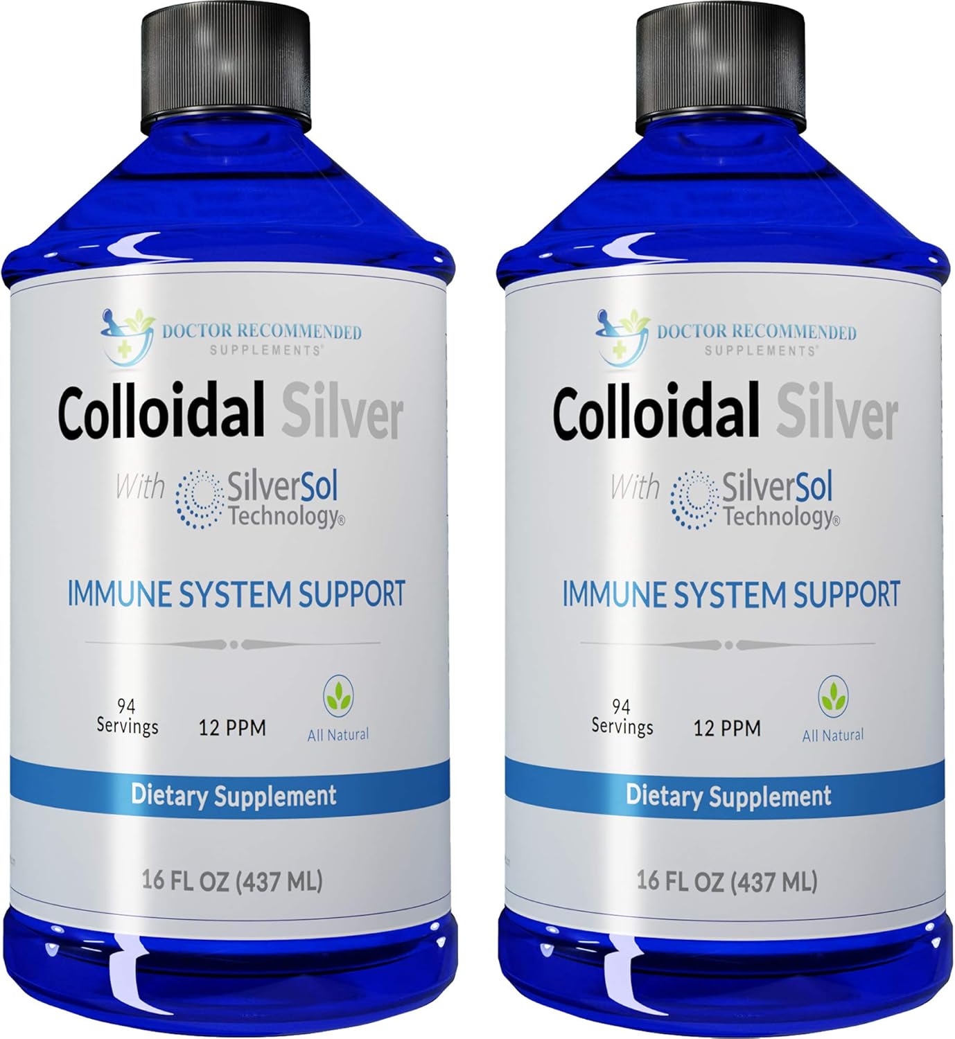 Colloidal Silver Liquid - 12 PPM Premium Silver Solution, 60 MCG Per Serving, All Natural, Vegan Immune System Support, Ionic Silver Water Daily Mineral Supplement (2-16 Fl oz Bottles)