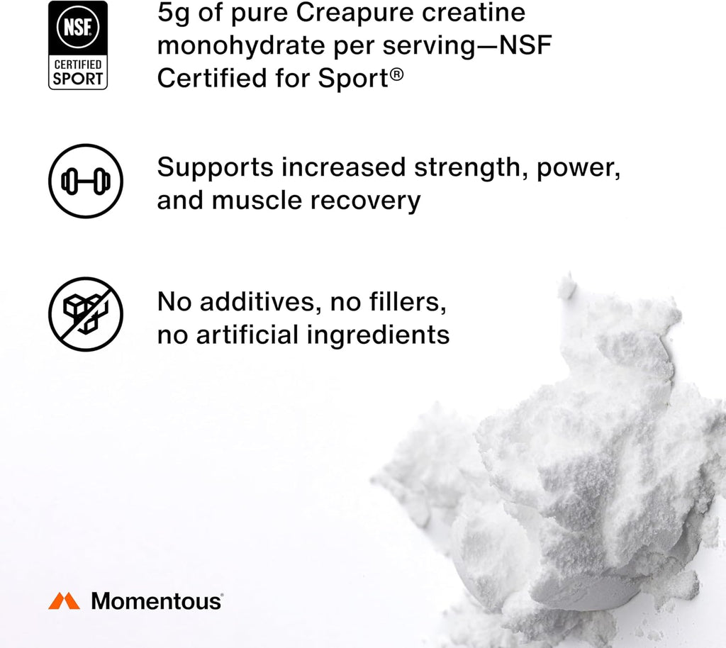 Momentous Creatine Monohydrate Powder - Creapure Creatine Powder - Supports Strength, Lean Muscle, & Recovery for Men & Women - NSF Certified for Sport - 5 g per Serving - 90 Servings