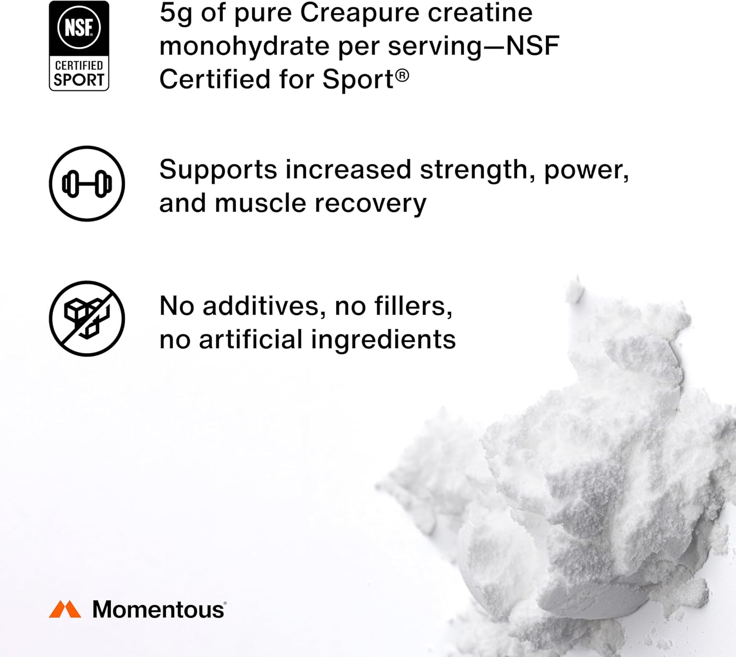 Momentous Creatine Monohydrate Powder - Creapure Creatine Powder - Supports Strength, Lean Muscle, & Recovery for Men & Women - NSF Certified for Sport - 5 g per Serving - 90 Servings