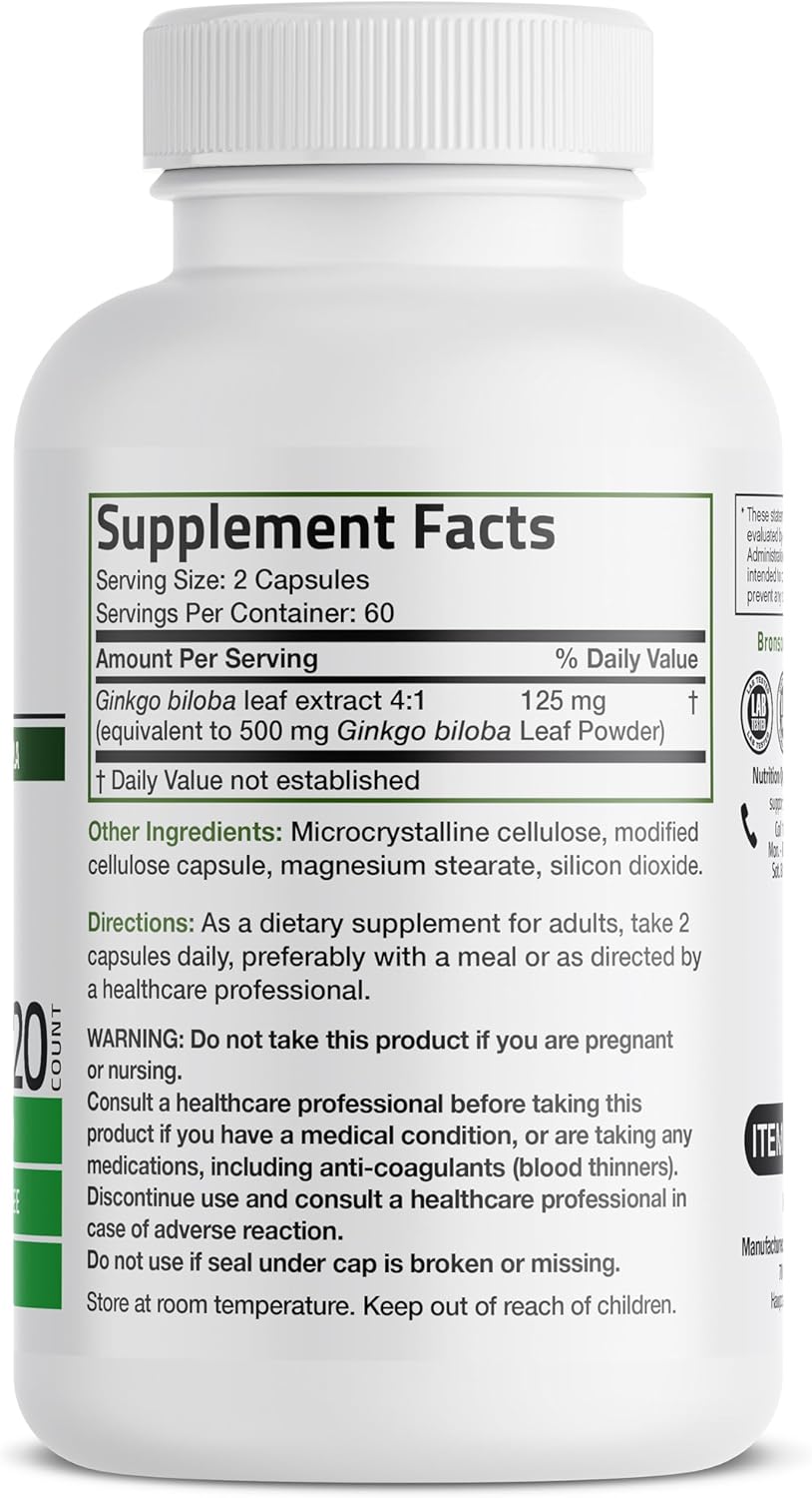 Bronson Ginkgo Biloba Extra Strength Supports Brain Function & Memory Support, 120 Vegetarian Capsules