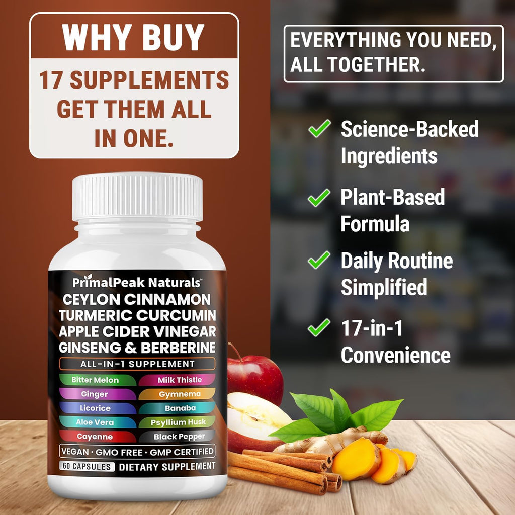 Ceylon Cinnamon Apple Cider Vinegar Turmeric Curcumin Panax Ginseng Berberine with Bitter Melon Banaba Milk Thistle Gymnema Sylvestre Vegan Capsules - 180 Count