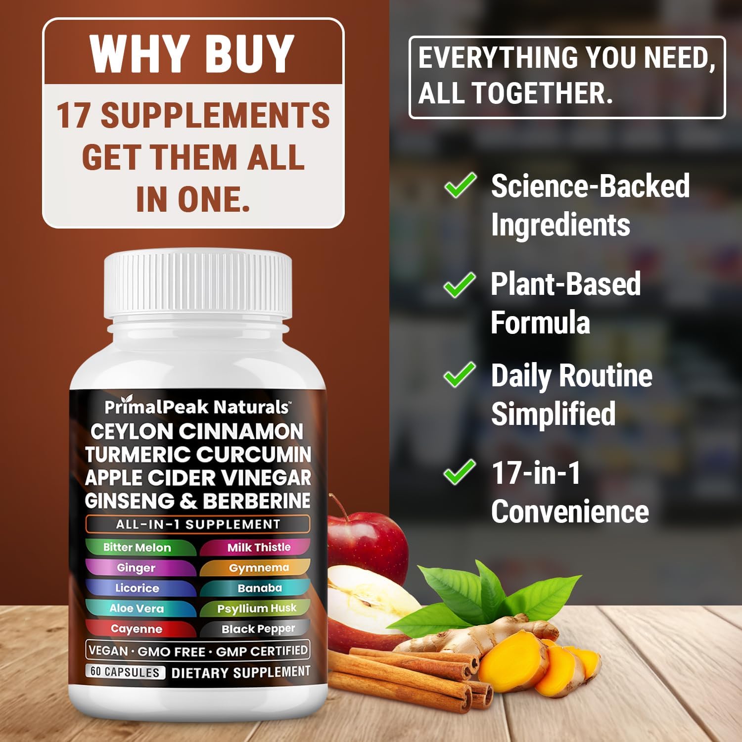 Ceylon Cinnamon Apple Cider Vinegar Turmeric Curcumin Panax Ginseng Berberine with Bitter Melon Banaba Milk Thistle Gymnema Sylvestre Vegan Capsules - 180 Count