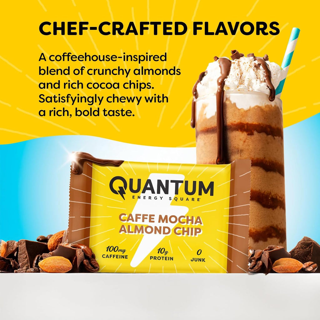 Quantum Energy Square: Energy Bar with Caffeine & 10g Protein. Delicious Healthy Snack On The Go. (Vegan, Gluten-free, Soy-free, Dairy-free) (Caffe Mocha Almond Chip)