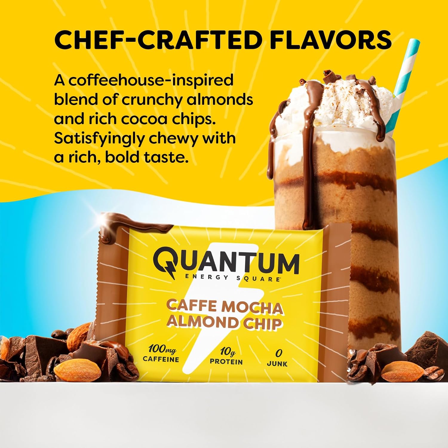 Quantum Energy Square: Energy Bar with Caffeine & 10g Protein. Delicious Healthy Snack On The Go. (Vegan, Gluten-free, Soy-free, Dairy-free) (Caffe Mocha Almond Chip)