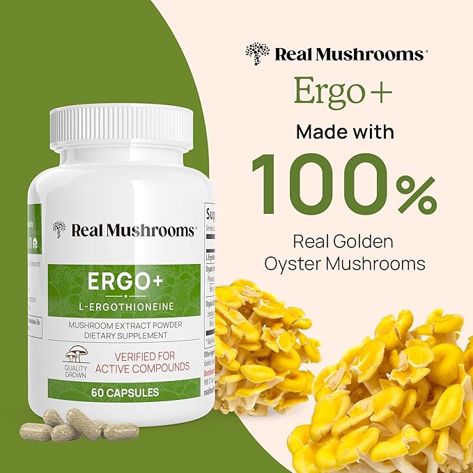 Real Mushrooms Ergothioneine Supplement – Golden Oyster Mushroom with Beta-Glucans – L-Ergothienine Extract Poweder – Organic, Vegan, Non-GMO, No Fillers – 60 Capsules Mushroom Supplement for Humans