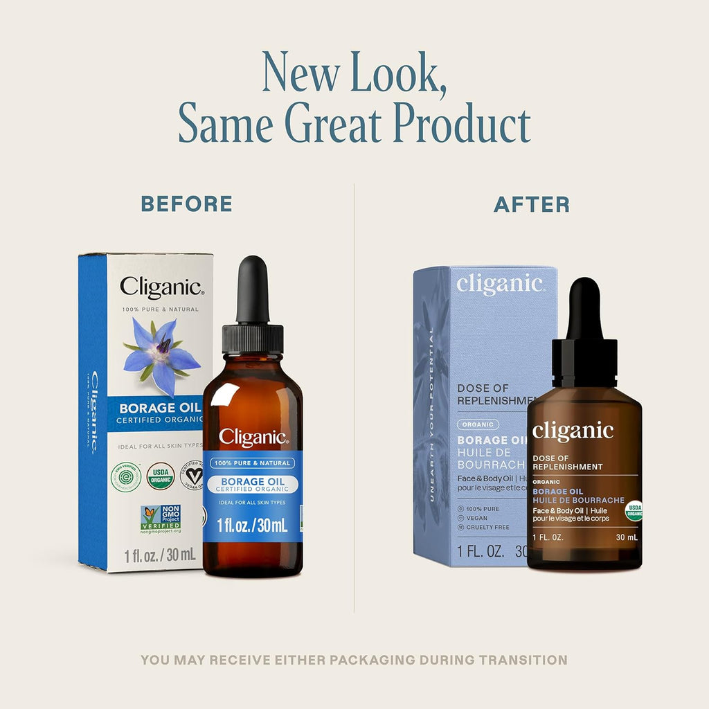 Cliganic Organic Borage Seed Oil for Face, 100% Pure (1oz) - Natural Non-GMO Cold Pressed (Packaging May Vary)