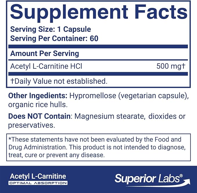 Superior Labs Acetyl L-Carnitine 500 mg, High Potency ALCAR, Pure Non-GMO, Zero Synthetic Additives, Maximum Absorption, Energy & Fat Metabolism, Brain, Nerve & Cellular Detox Support, (60 Veg Caps)