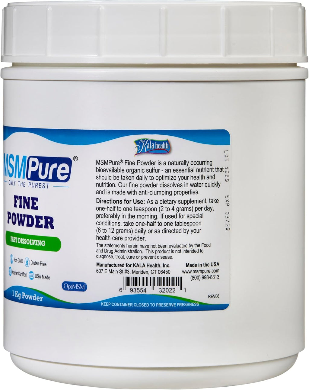 KALA HEALTH MSMPure Fast Dissolving Fine MSM Powder Crystals – US-Made MSM for Joint Health, Skin Appearance, and Hair & Nail Support – 2.2 lb, Organic Sulfur