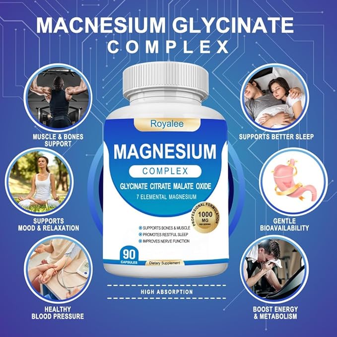 Magnesium Complex Supplement - 1000mg with 7 Magnesium Forms Including Glycinate, Citrate, Malate, Taurate & Orotate - Supports Relaxation, Muscle Function & Bone Strength - 90 Capsules