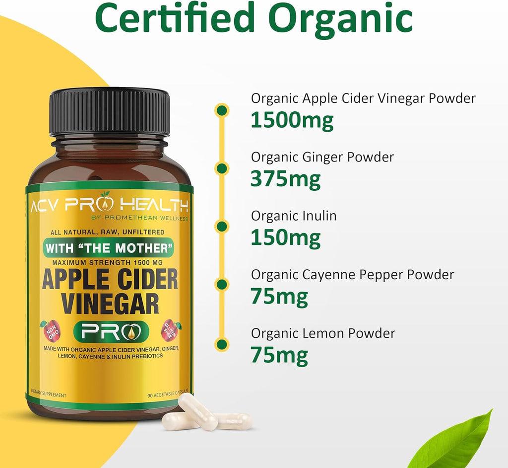 ACV Pro Apple Cider Vinegar Capsules Certified Organic with Mother ACV Pills Detox Cleanse Acid Reflux Relief Support Supplement Ginger Root Cayenne Pepper Powder