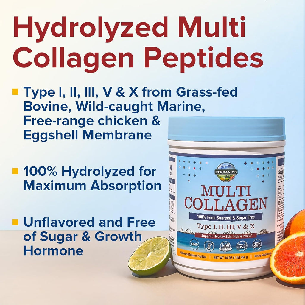 Terranics Multi Collagen Peptides Powder, Type I II III V X Hydrolyzed Collagen for Women+Men, Collagen Supplements for Skin Nail Hair, Fast Dissolve, Unflavored Colageno, No Sugar, Keto, 16oz