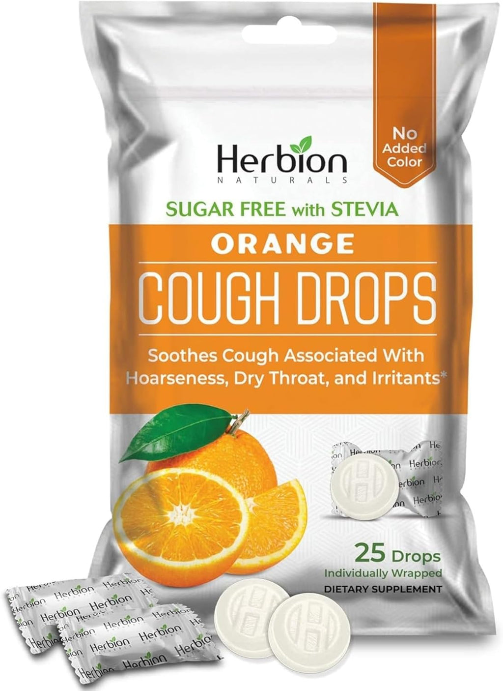 HERBION Naturals Cough Drops, Sugar Free with Stevia, Dietary Supplement, Soothes Cough, for Adults & Children Over 6 Years, 25 Count, Orange, Pack of 1