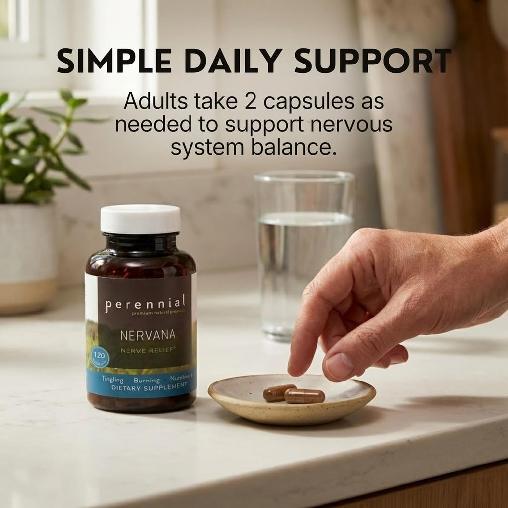 Perennial Nervana – Herbal Nerve Support for Tingling, Burning & Numbness Relief – Promotes Calm Focus & Stress Resilience – Non-Drowsy Mood Balance – 120ct*