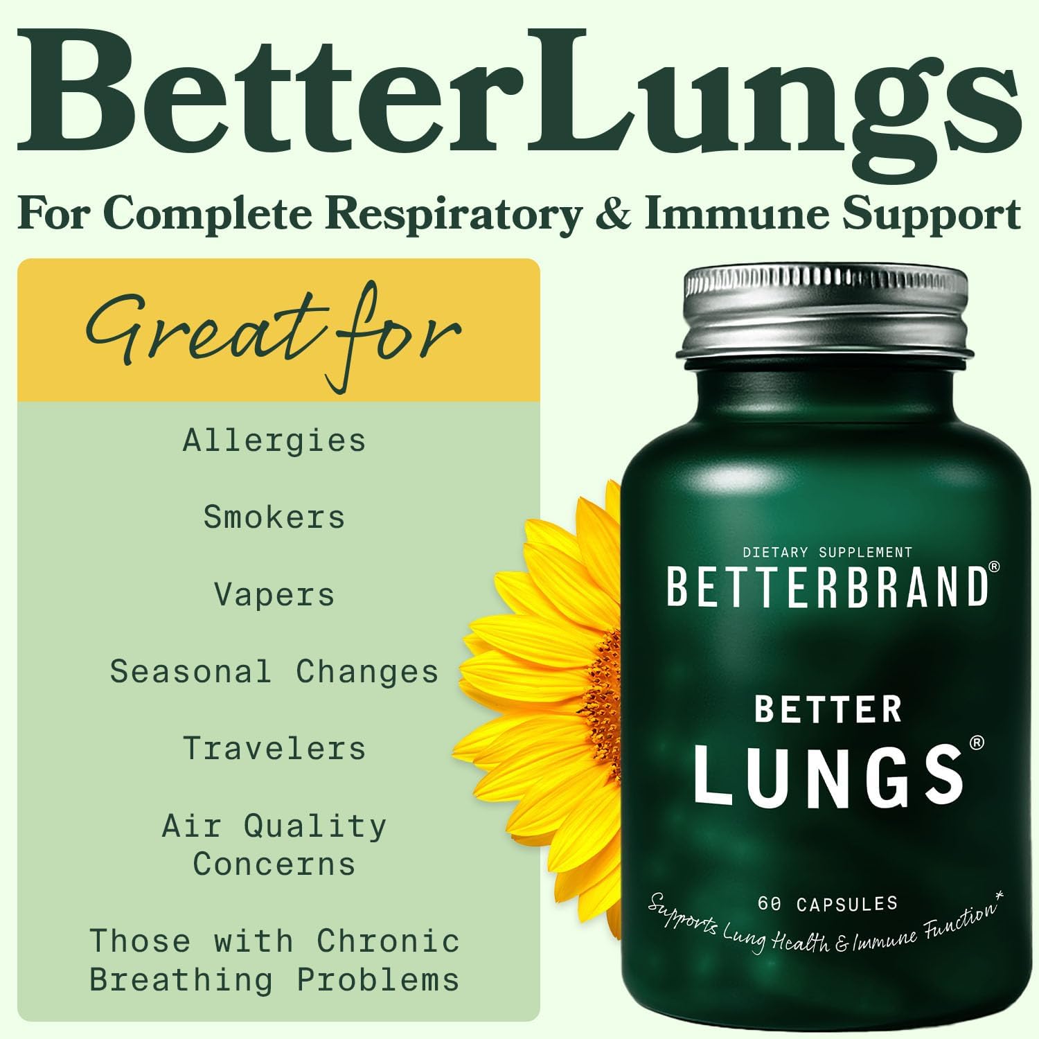 Betterbrand BetterLungs Daily Respiratory Health Supplement (60 Capsules) | with Vitamin D, Elderberry, Ginseng, Mullein, and Reishi Mushroom | for Lung Health and Allergy Relief (Pack of 2)