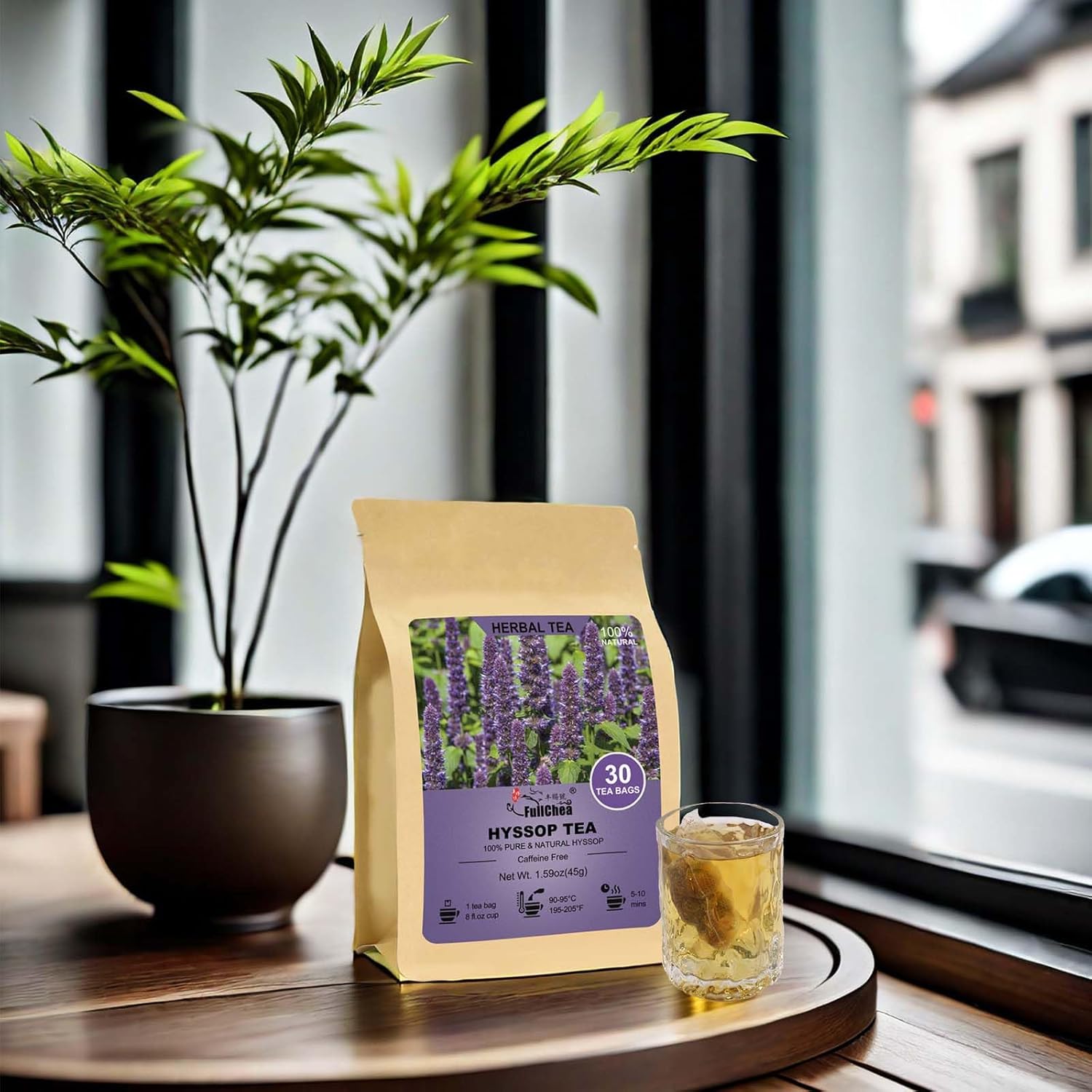 FullChea - Hyssop Tea Bags, 30 Teabags, 1.5g/bag - Premium Hyssop - Non-GMO - Caffeine-free - Support Digestion & Promote Relaxation