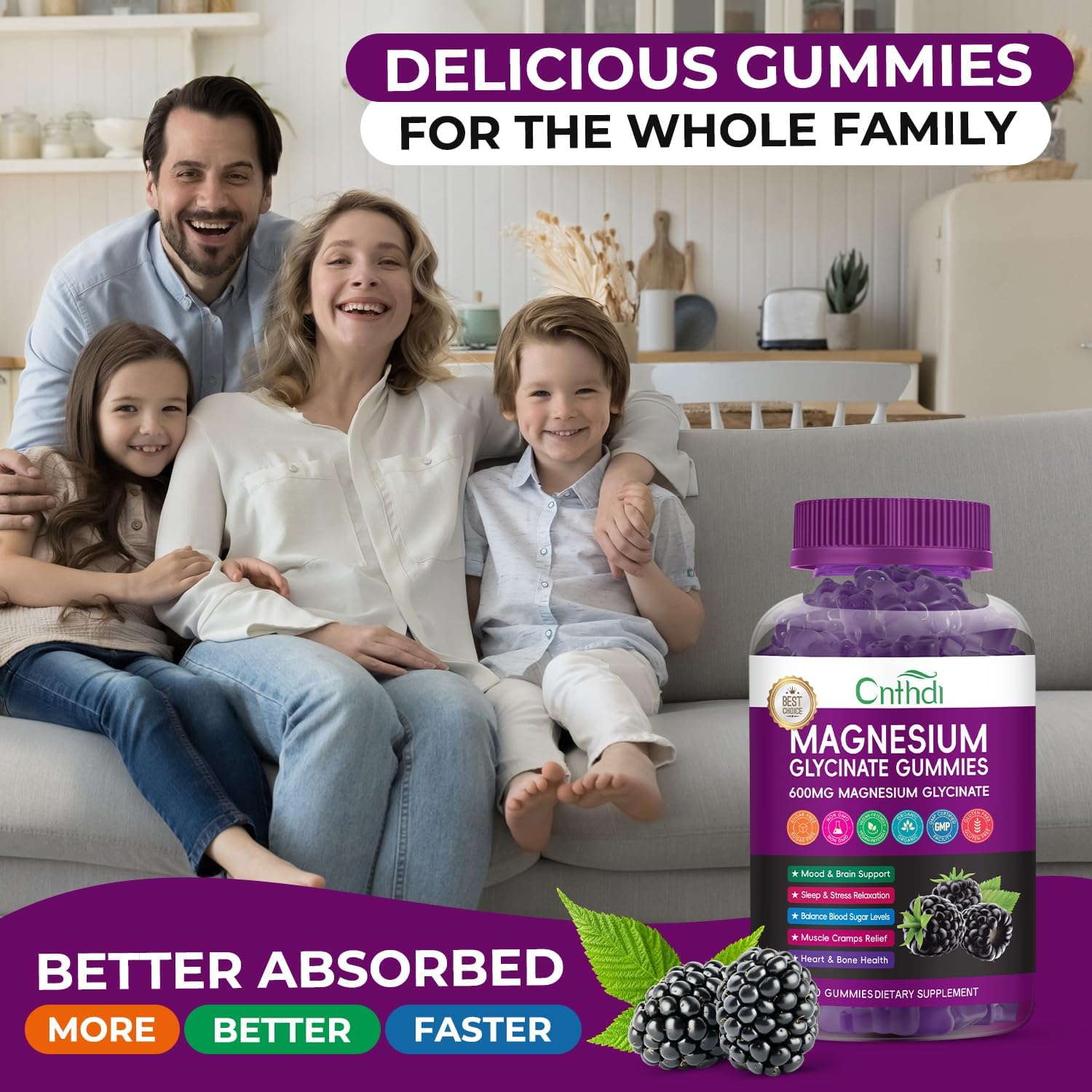 Magnesium Glycinate Gummies for Adults, High Absorption Vitamin Manganese Gummies with L-Threonate, Calcium, B6, D3, Sugar Free Chews, Relaxation, Stress Relief, Night Rest