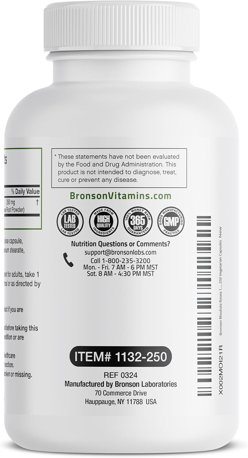 Bronson Rhodiola Rosea Vegetarian Capsules - Adaptogenic Herb - Brain, Stress & Mood Support - Non-GMO, 250 Count