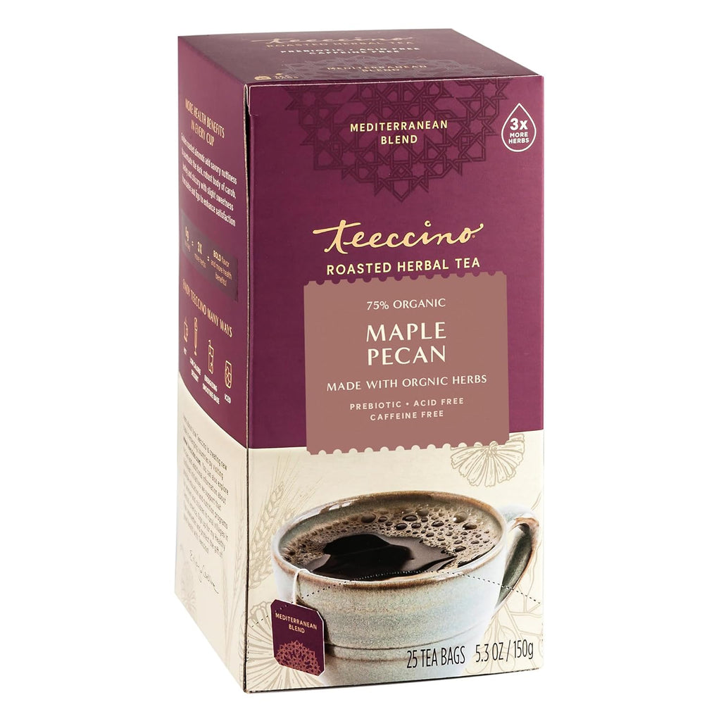 Teeccino Maple Pecan Herbal Tea - Rich & Roasted Herbal Tea That’s Caffeine Free & Prebiotic for Natural Energy, Coffee Alternative, 25 Count